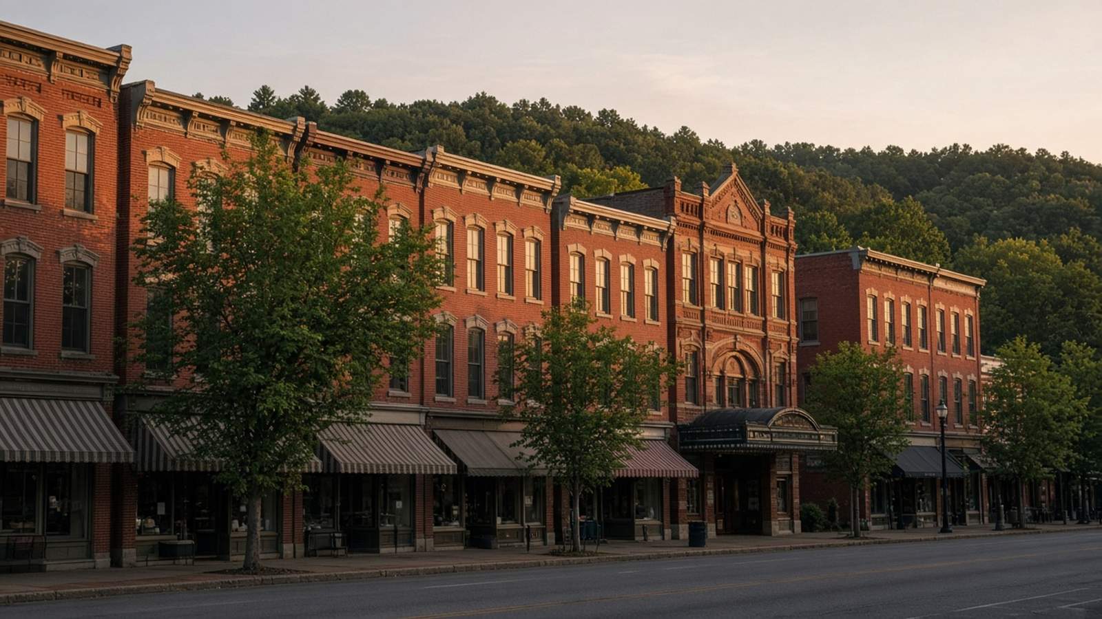A row of Victorian red brick storefronts with striped awnings lines a main street below wooded hills