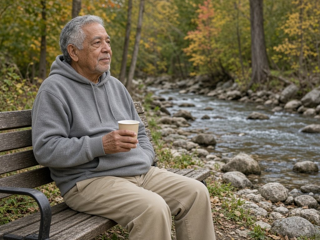 An older man in a grey hooded sweatshirt holds a coffee on a bench beside a rocky river in autumn