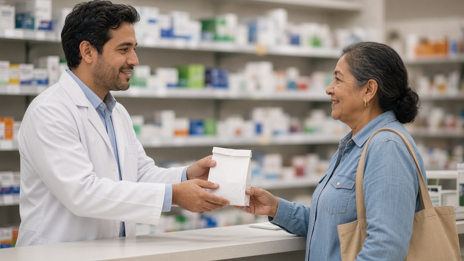 A pharmacist hands a prescription bag to an older woman in a denim shirt at the counter