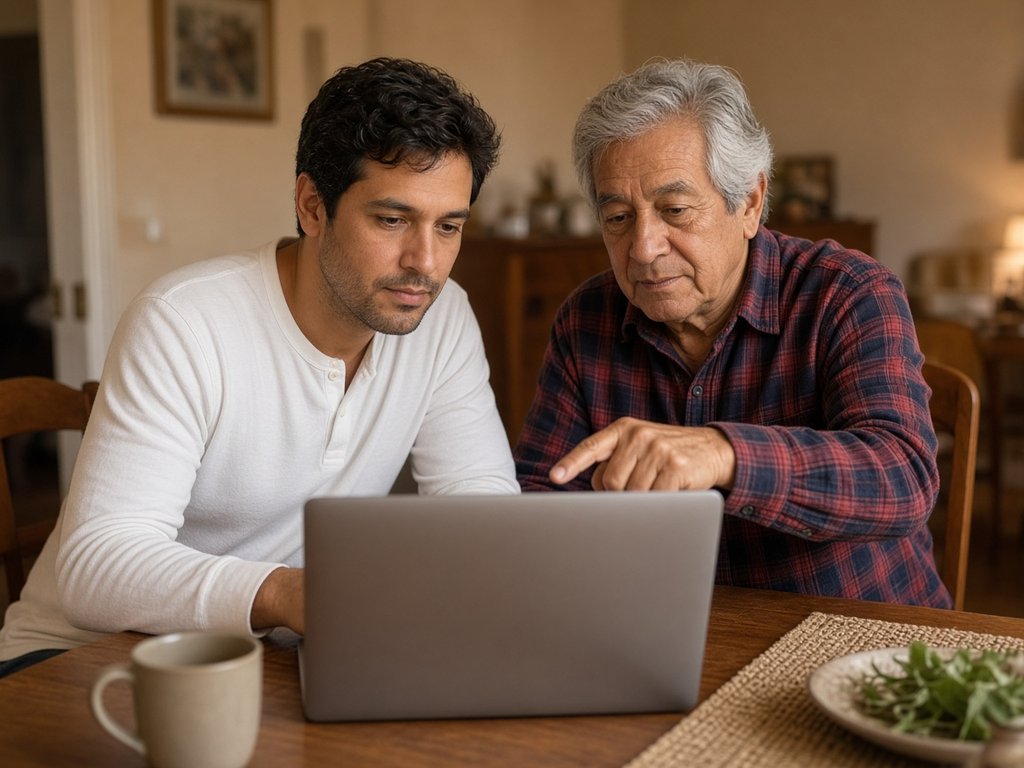 A son in a white henley and his father in a plaid flannel shirt study a laptop together at the dining table