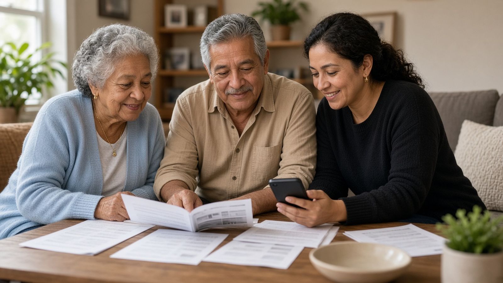 A grandmother in a light blue cardigan, a grandfather in a tan shirt and their daughter in a black sweater review booklets and a phone