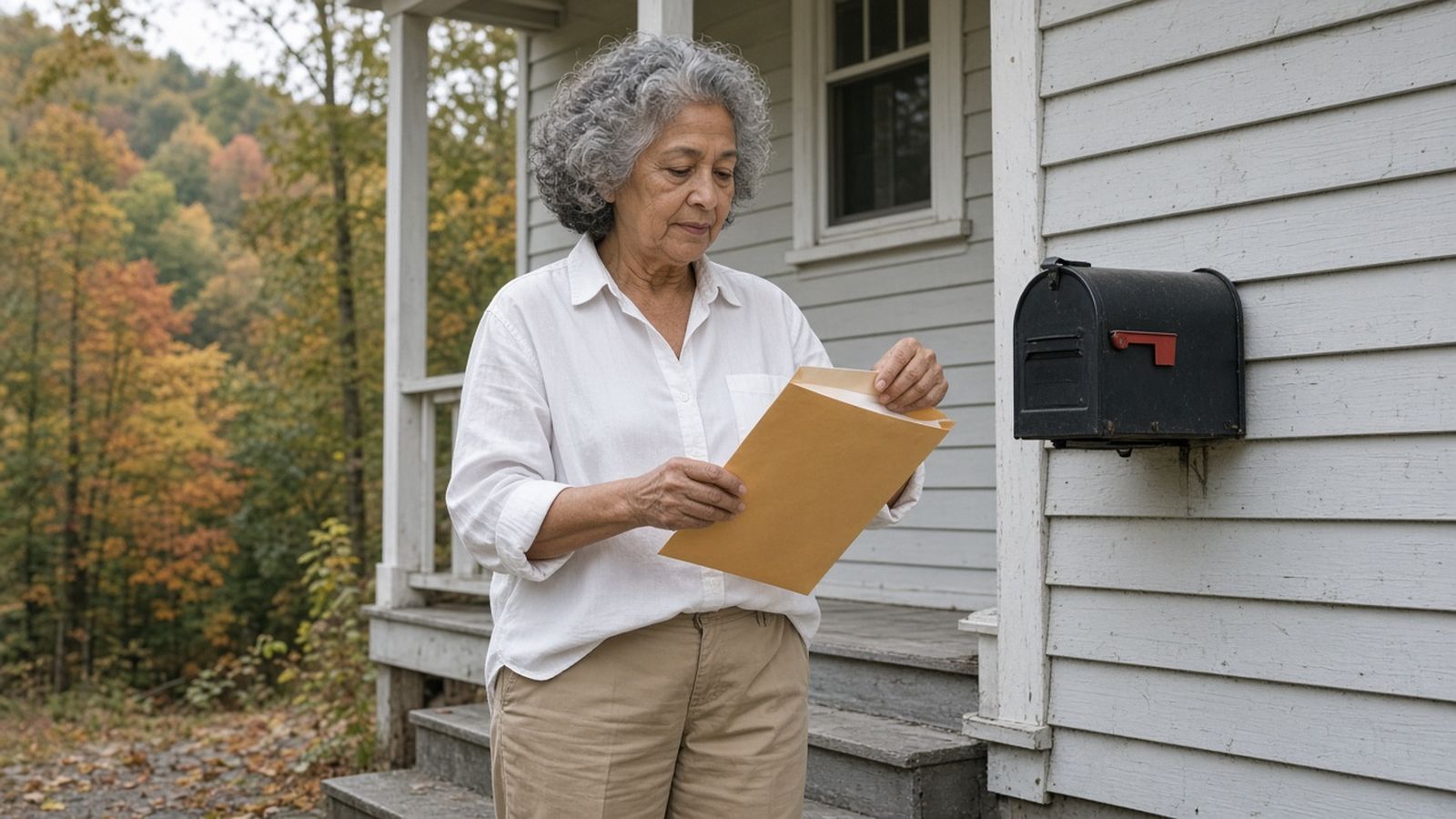 An older woman in a white shirt opens a large envelope beside the mailbox on her front porch