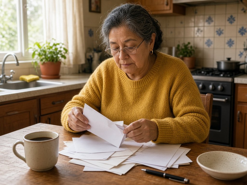 A woman in a mustard-yellow sweater opens a pile of envelopes at her kitchen table